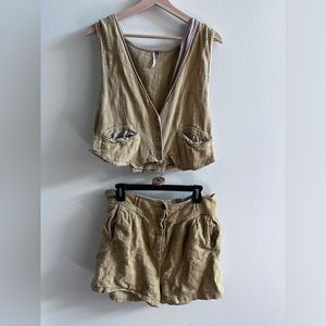 FP linen mustard yellow set (vest and high waisted button shorts)